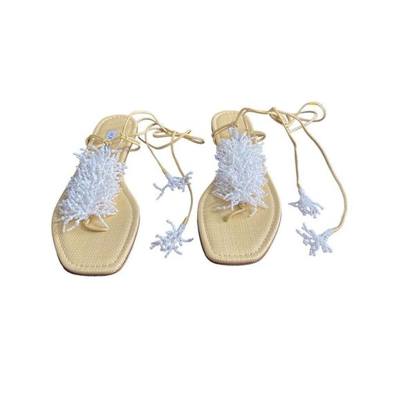 Aquazzura Panarea White Coral Beaded Tie Ankle Flat Sandals Size 37 - Picture 6 of 11